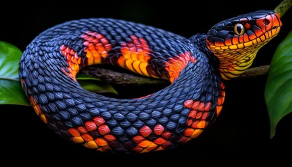 Fototapeta premium Vividly Colored Snake Coiled on a Branch, Close-Up on Scales and Patterns, Isolated on Black