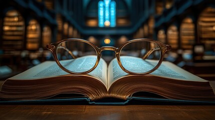 Open book with glasses on a library table