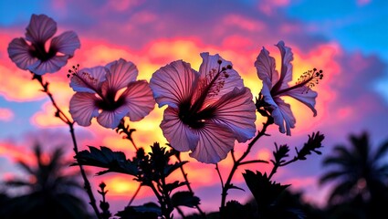 Intricate hibiscus silhouettes against a vibrant sunset