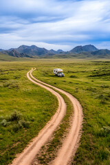 Remote, winding dirt road leads to campervan parked in vast grassy plains