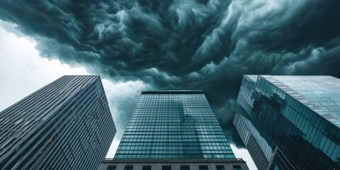 Markets Impact bonds impact concept. Dramatic clouds loom over modern skyscrapers in a cityscape.