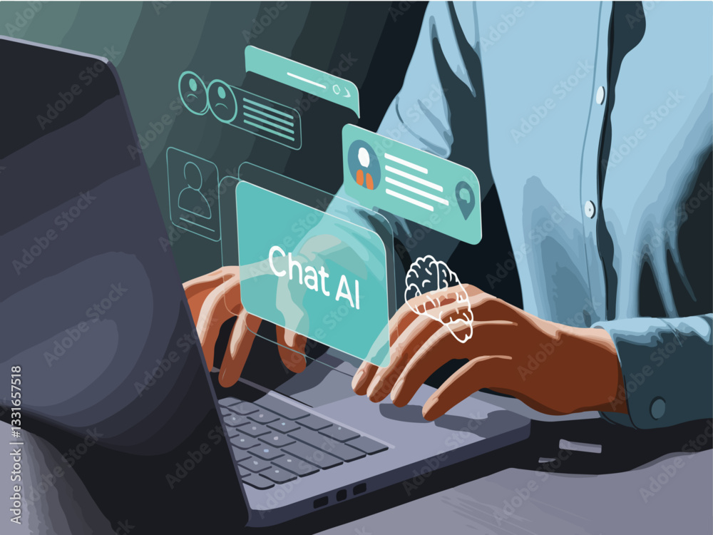 Aufkleber using laptop, interacting with ai chatbot. futuristic technology, artificial intelligence, digital c