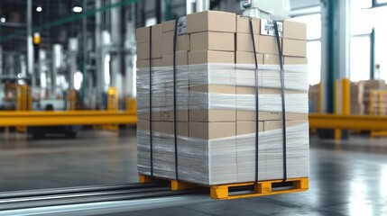 Expertly securing stacks of boxes in stretch film, a high-tech pallet wrapping machine emphasizes modern logistics and efficiency.