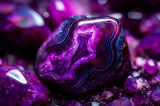 Close-up view highlights the unique textures of sugilite crystal.