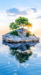 Obraz premium Serene island rock with a small tree, reflecting in calm water at sunrise