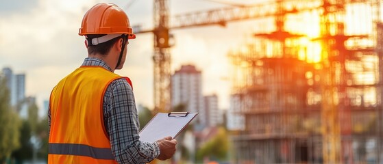 A close-up shot of a focused engineer holding a clipboard and inspecting a construction site, deep in thought, wearing a safety helmet and vest, blurred background of cranes and scaffolding