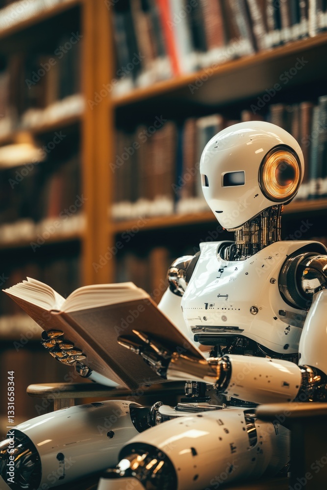 Aufkleber a robot sits in a quiet library, engrossed in reading a book