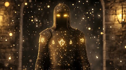 Fototapeta premium A mystical guardian standing at the gates of a hidden realm, glowing symbols adorning their armor