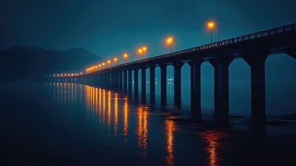 Fototapeta premium Expressway over the sea at nighttime with glowing streetlights, shimmering reflections on dark water, and a serene, quiet atmosphere.