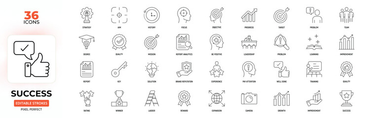 Success Line Icon Set. Idea, Winner, Brainstorm, Progress, Leadership.Editable Stroke.