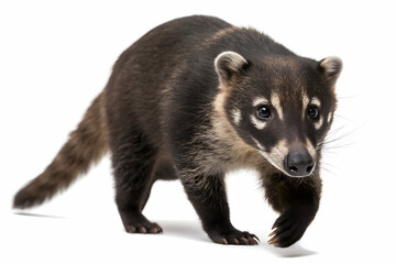 Obraz premium Tejon walking forward with dark fur and white markings in an isolated setting