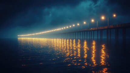 Fototapeta premium Over the sea, the nighttime expressway glows warmly with streetlights, shimmering reflections on dark water, creating a serene and quiet atmosphere.
