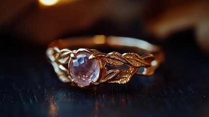 Gold rose quartz ring with vines and leaves, pink stone