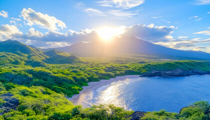 Fototapeta premium Serene tropical beach with lush vegetation, volcanic mountains, and a vibrant sunset
