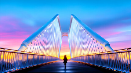 Obraz premium Silhouette figure on modern bridge at sunset