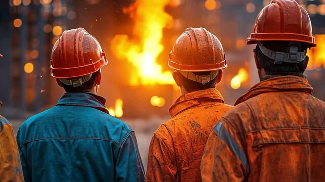 Guardians of Industry: A determined team of industry workers stands united, their backs to the viewer, gazing upon a blazing furnace within an industrial complex, embodying strength and resilience. 