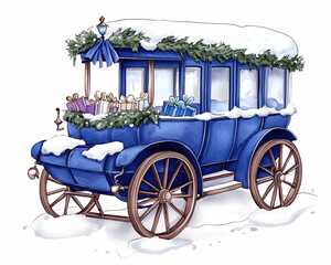Snowy blue carriage filled with Christmas gifts