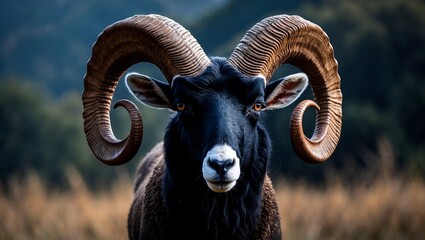 Majestic ram with curly horns against dark backdrop