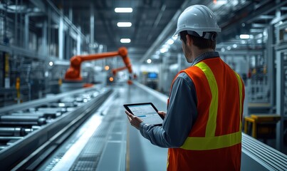 An industrial engineer wearing a hard hat and safety vest, using a tablet to inspect machinery in a modern factory, robotic arms working in the background, high-tech manufacturing environment