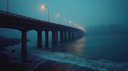 Obraz premium Arcing twilight expressway through the sea, gentle skyline city faintly visible in the distance, waves lapping against the bridge supports.