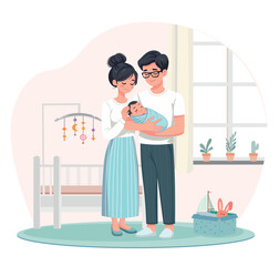 parents holding newborn baby in baby room vector cartoon flat design