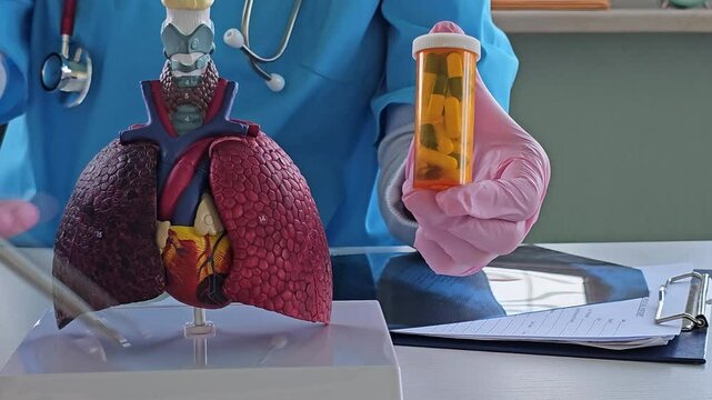 Medical professional examines human organ model while holding medication bottle in clinical setting