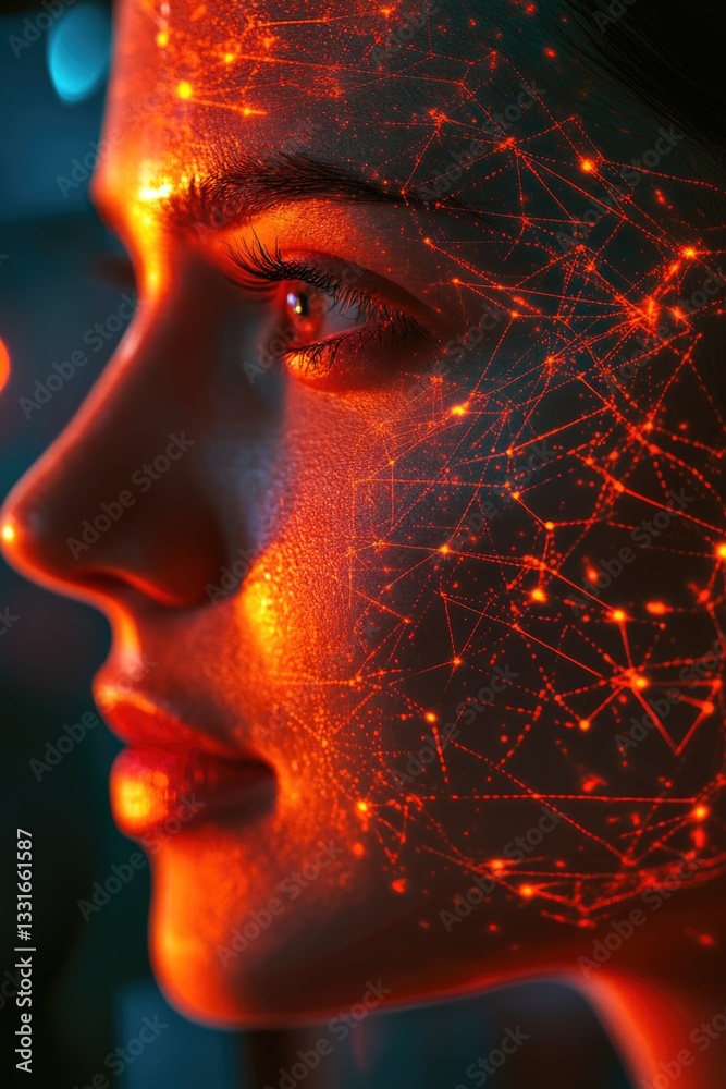 Poster a close-up view of a woman's face with glowing lines, great for use in sci-fi or fantasy illustratio