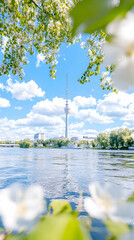 Obraz premium Spring cityscape view of a tower by a river, framed by blossoming trees