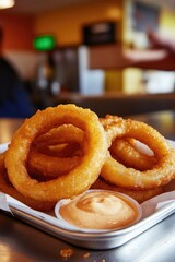 Crispy onion rings served with creamy dipping sauce in vibrant s