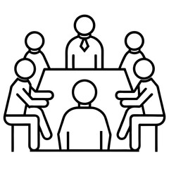 A Collaborative Team Brainstorming Innovative Solutions Around A Table, Showcasing Focused Discussion And Unity In A Simple Line Art Style