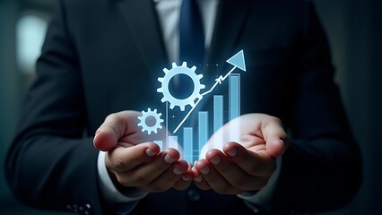 Process optimization and business efficiency concept. A businessman’s hands display a glowing holographic interface with gears and upward arrows. Business strategy, Technological advancement
