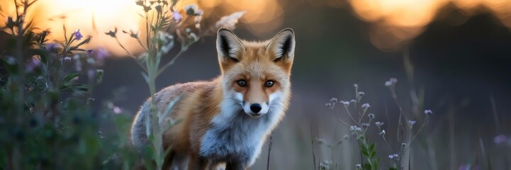 Fototapeta premium Red fox peering through grasses at dusk with soft bokeh background – Great for wildlife photography, nature conservation, or animal behavior content.