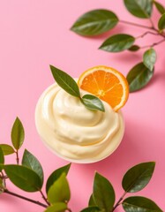 yogurt on a pink background with orange
