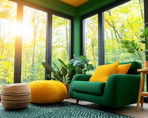 Sunny green corner room with vibrant yellow accents