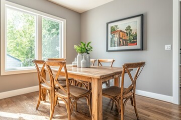 Rustic wooden dining table with six chairs in a bright dining room.