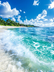 Obraz premium Tropical beach paradise with turquoise waves crashing on white sand. Lush greenery on the shore, vibrant blue water, and a bright sunny sky