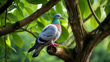 Obraz premium Pigeon resting calmly in lush green tree canopy