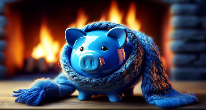 Extreme close-up of a cold blue piggy bank wrapped in a woolen scarf in front of a fireplace with flames burning. Energy price increase, cost of heating system in winter season, concept. Generative Ai