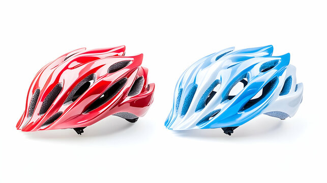 Two colorful bicycle helmets, red and blue, isolated on white background