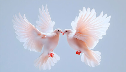Obraz premium Two light pink doves in flight, wings outstretched, facing each other