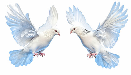 Fototapeta premium Two white doves in flight, wings spread wide against a white background