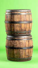 Obraz premium Two wooden barrels stacked vertically against a green background