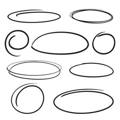 Set of hand drawn doodle ellipses. Scribble ovals and bubbles to circle and highlight text. Collection of different brush drawn black circles. Marker round elements isolated on white background.