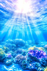 Naklejka premium Vibrant underwater coral reef scene. Sunlight beams through the water