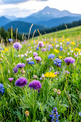 Obraz premium Vibrant wildflowers bloom in a meadow, set against a backdrop of misty mountains