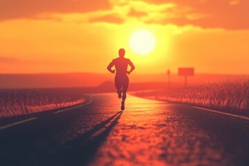 Determined athlete running towards goal at sunset on an open road capturing perseverance and ambition in a serene landscape