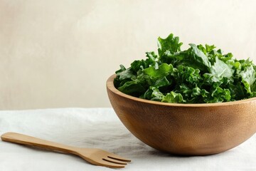 Fototapeta premium Fresh kale fills rustic wooden bowl, exuding vibrant green tones