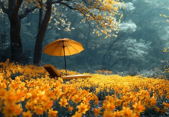  Yellow Umbrella and Lounge Chair in a Blooming Field of Flowers
