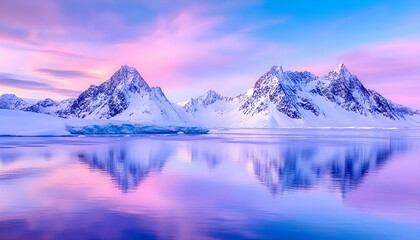 Winter wonderland landscape, vibrant colors reflect on calm water.  Snowy mountains, icebergs, serene scene
