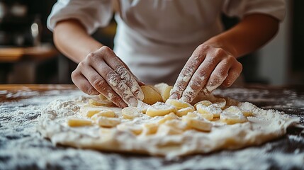 Chef's hands preparing a potato-filled dough.  A close-up view of a chef carefully placing sliced potatoes onto a prepared dough surface, dusted with flour